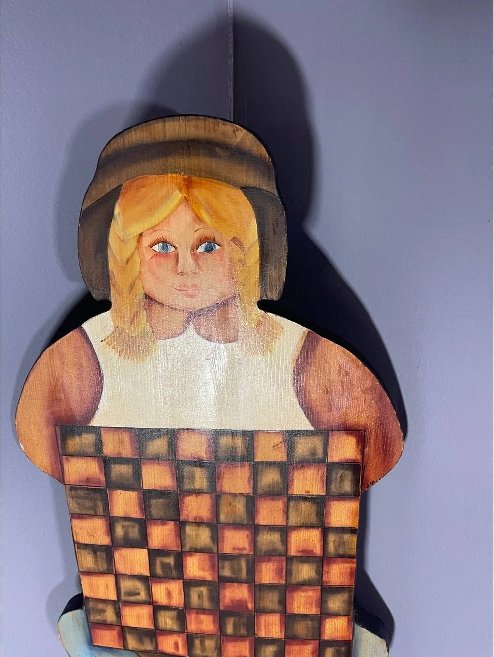 Vintage Hand-Painted Wooden Checkerboard Girl Wall Hanging